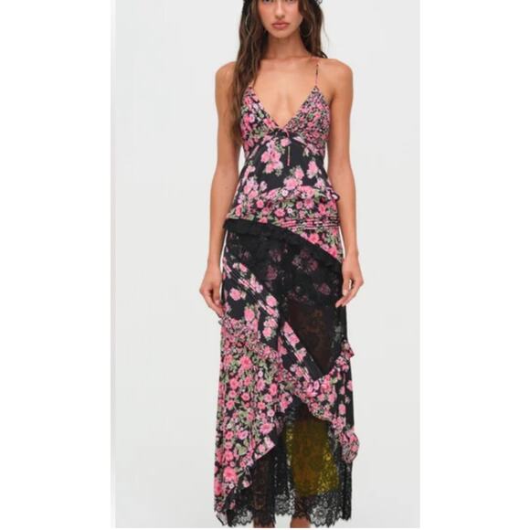For Love & Lemons Rosalyn Pink Floral Ruffled Formal Strappy V Neck Maxi Dress - Picture 1 of 5